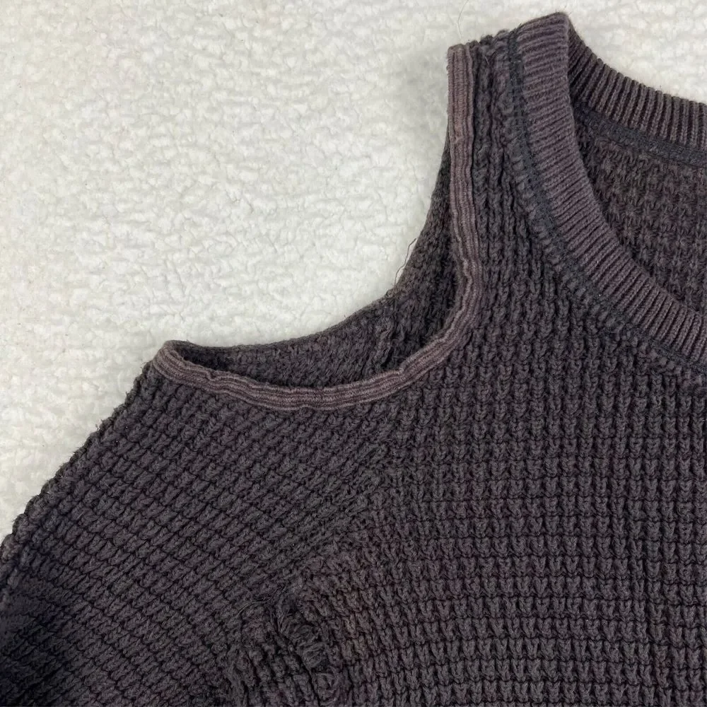 Free People Sweater Women's Small SP Cold Shoulder Frayed Hem Waffle Knit Faded‎ - Picture 5 of 12